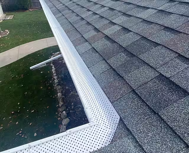 lp-gutter a closeup photo of a new roof with a new white gutter with gutter guards on it